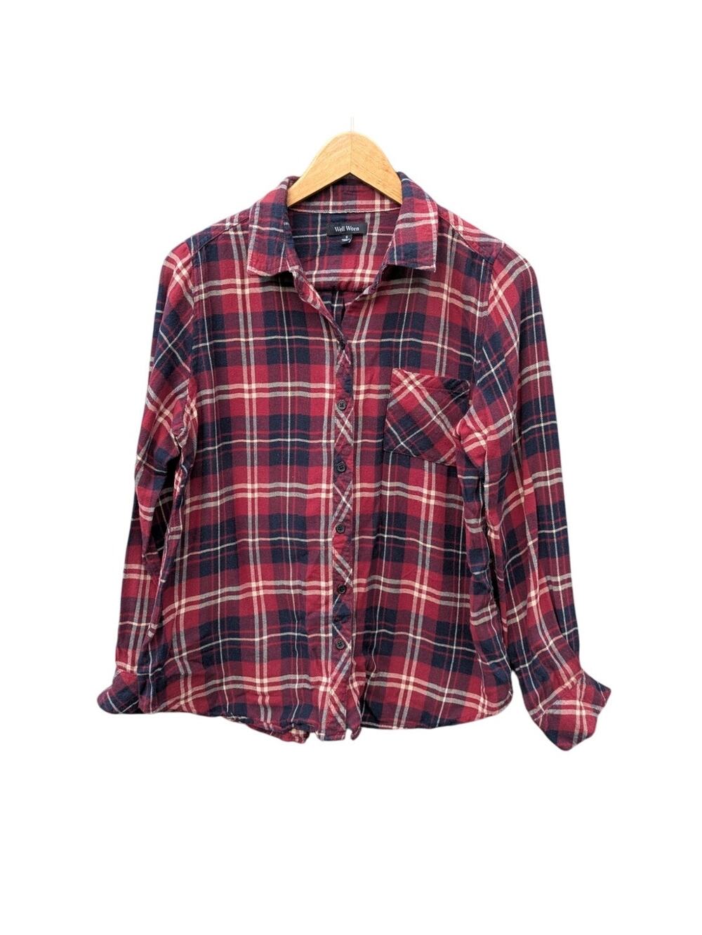 Well Worn Fall Plaid Tartan button down emo pumpkin spice long sleeve S Cotton